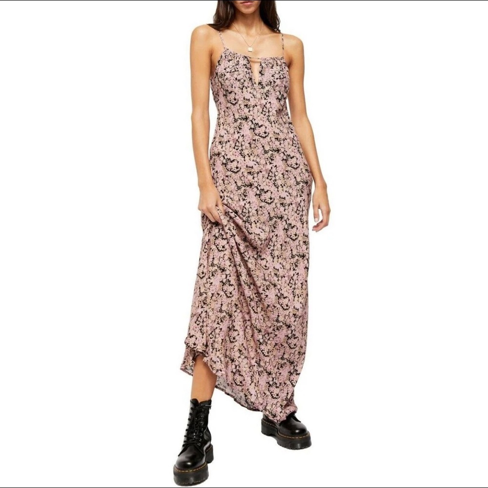 Free People Boho Bon Voyage Maxi Dress in black with bright pink florals - Picture 3 of 16